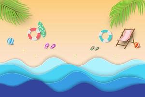 sfondo di spiaggia tropicale di carta artigianale, relax estivo con vista sul mare blu e attrezzature sulla spiaggia di sabbia