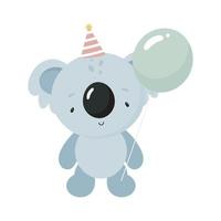 simpatico koala con un palloncino. stile cartone animato. illustrazione vettoriale. per oggetti per bambini, biglietti, poster, striscioni, libri per bambini, stampa sulla confezione, stampa su vestiti, tessuto, carta da parati, tessuti o stoviglie. vettore