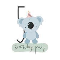 festa di compleanno, biglietto di auguri, invito a una festa. illustrazione per bambini con koala carino e il numero cinque. illustrazione vettoriale in stile cartone animato.