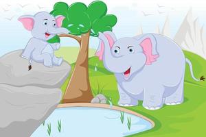 allegro elefante spruzzando acqua sopra elefantino con contorno vettore
