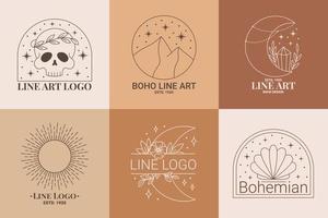 set di logo esoterico boho mistico doodle. icona della linea magica con teschio, luna, sole, fiore vettore