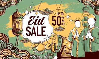 banner di illustrazione di vendita eid al-fitr disegnato a mano vettore