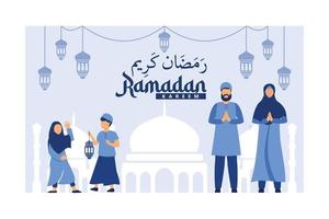 bellissimi sfondi per i saluti del ramadan con una coppia di personaggi musulmani e il testo di marhaban ya ramadhan significa benvenuto nel mese del ramadan vettore