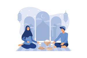 iftar mangiare dopo il digiuno festa concetto di festa. cena di famiglia musulmana in ramadan kareem o festeggiare l'eid con il carattere delle persone. modello di pagina di destinazione web, banner, presentazione, social o supporto di stampa vettore