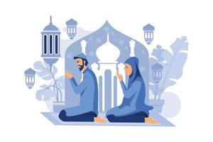 l'uomo della coppia musulmana e sua moglie stanno pregando insieme nella notte del ramadan kareem. i musulmani eseguono la preghiera taraweeh in congregazione durante il ramadan. vettore