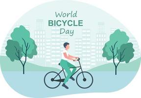 giornata mondiale della bicicletta, uomo in bicicletta in città illustrazione vettoriale