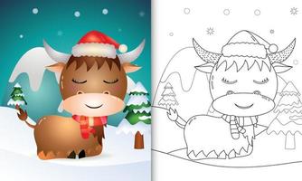 libro da colorare con un simpatico bufalo personaggi natalizi con cappello da babbo natale e sciarpa vettore