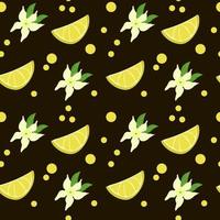 modello senza cuciture di fette di limone, fiori e piselli, elementi disegnati a mano. estate. limoni gialli con foglie e fiori su sfondo nero. agrumi. limonata. adatto per tessuti e imballaggi vettore