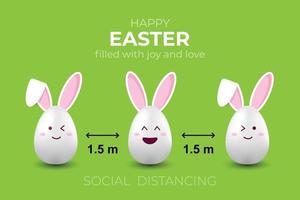 covid-19 e infografica sul distanziamento sociale con simpatiche uova di Pasqua e orecchie di coniglio. le uova di Pasqua bianche hanno un viso carino e hanno orecchie da coniglio rosa. protezione dal coronavirus. vettore