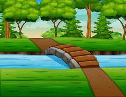 scena di sfondo con il ponte sul fiume e l'illustrazione degli alberi vettore