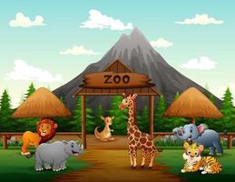 cartone animato dei cancelli d'ingresso dello zoo con l'illustrazione degli animali di safari