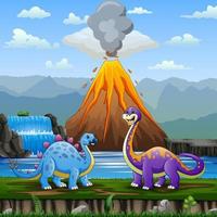 simpatici dinosauri con illustrazione di sfondo in eruzione del vulcano vettore