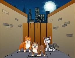 cartone animato tre cani in un vicolo di una piccola strada di notte vettore