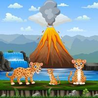 scena con la famiglia del leopardo e l'illustrazione dell'eruzione del vulcano vettore
