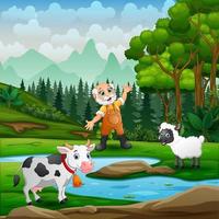 cartone animato vecchio contadino che pascola mucche e pecore sui terreni agricoli vettore