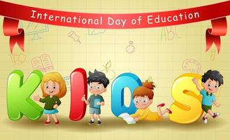 giornata internazionale dell'educazione con bambini e lettere dell'alfabeto vettore
