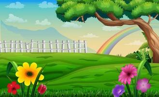bellissimo sfondo del paesaggio con un albero e un arcobaleno vettore