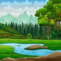 scena di sfondo della foresta con il fiume e molti alberi illustrazione vettore