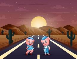 fumetto illustrazione di due maiali nella strada del deserto vettore