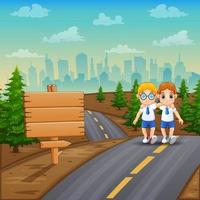 cartone animato due ragazzi della scuola in strada vettore