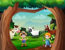 cartone animato gli agricoltori che radunano animali da fattoria nell'illustrazione del campo verde