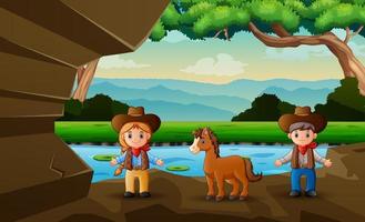 illustrazione di un cowboy e cowgirl nella grotta vettore