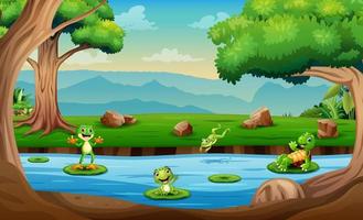 felici tartarughe e rane che giocano nell'illustrazione del fiume vettore