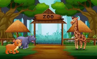 cartone animato dei cancelli d'ingresso dello zoo con l'illustrazione degli animali di safari vettore