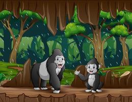 cartone animato gorilla con cucciolo che si rifugia in una grotta vettore