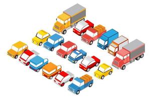 set isometrico auto e camion infrastrutture di trasporto della città vettore