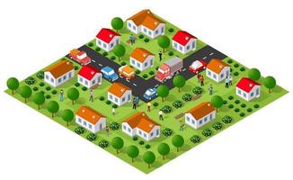 illustrazione isometrica del distretto del villaggio di campagna di una zona rurale con molti edifici e case, strade, alberi e veicoli