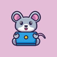 simpatico cartone animato del mouse che lavora davanti a un computer portatile. tecnologia animale icona illustrazione concetto vettore premium