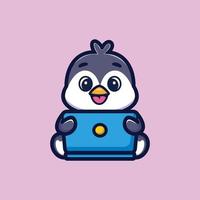 simpatico cartone animato pinguino che lavora davanti a un laptop. tecnologia animale icona illustrazione concetto vettore premium