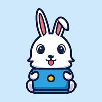 simpatico cartone animato di coniglio che lavora davanti a un computer portatile. tecnologia animale icona illustrazione concetto vettore premium