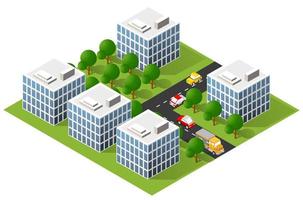 illustrazione 3d isometrica area urbana della città con molte case e grattacieli, strade, alberi e veicoli vettore