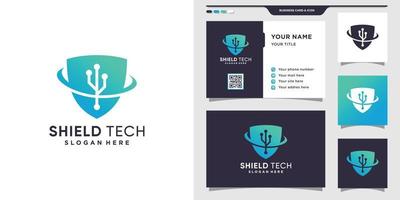 modello di progettazione del logo scudo per la tecnologia con concetto creativo e design di biglietti da visita. vettore premium