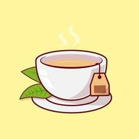 una tazza di tè caldo con foglie e bustine di tè vettore