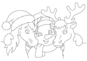 unicorno, cervo e pupazzo di neve per natale. pagina del libro da colorare per bambini. personaggio in stile cartone animato. illustrazione vettoriale isolato su sfondo bianco.