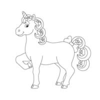 bellissimo unicorno con fiori nella coda e nella criniera. pagina del libro da colorare per bambini. personaggio in stile cartone animato. illustrazione vettoriale isolato su sfondo bianco.