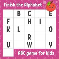 finire l'alfabeto. gioco abc per bambini. foglio di lavoro per lo sviluppo dell'istruzione. gioco di apprendimento per bambini. pagina attività a colori. vettore