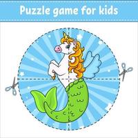 taglia e gioca. carino sirena unicorno. puzzle rotondo. puzzle logico per bambini. pagina delle attività. pratica di taglio per la scuola materna. personaggio dei cartoni animati. vettore