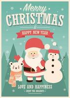 Cartolina di Natale con Babbo Natale, pupazzo di neve e renne, paesaggio invernale vettore