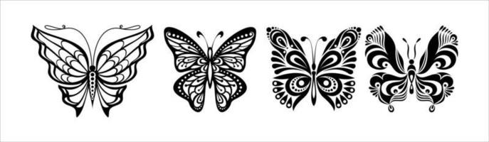 farfalla. icone della siluetta insieme della raccolta di farfalle.carve della molla. stencil farfalla, lucciole, ali di falena, insetti volanti isolati su sfondo bianco. elemento disegnato a mano per il vettore web eps 10