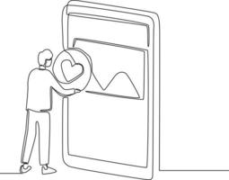 semplice disegno a linea continua un uomo dà amore o apprezza una foto sui social media. disegnare su sfondo bianco e nero. illustrazione vettoriale. vettore