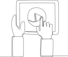 disegno a linea continua della mano attiva l'icona del pulsante di riproduzione. illustrazione vettoriale. vettore