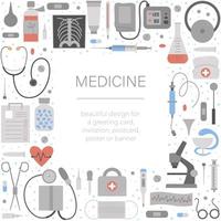 cornice quadrata vettoriale con attrezzature e strumenti medici. design di banner di elementi di medicina. carino divertente modello di carta di assistenza sanitaria, controllo o ricerca.