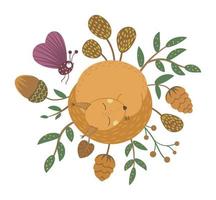 scoiattolo addormentato piatto disegnato a mano di vettore con ghianda, cono, insetto, foglie. divertente scena autunnale con animali del bosco. illustrazione animalesca della foresta carina per il design, la stampa, la cancelleria per bambini