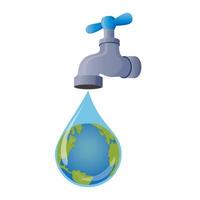 illustrazione vettoriale del rubinetto dell'acqua con il globo terrestre all'interno di una goccia d'acqua su sfondo bianco