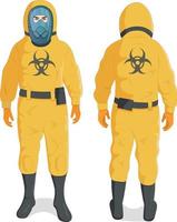 uomo in tuta protettiva contro le radiazioni gialle e casco, uniforme di sicurezza professionale per rischio chimico o biologico vettore