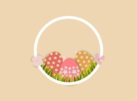 Uova di Pasqua ed erba nel telaio a forma di cerchio vettore